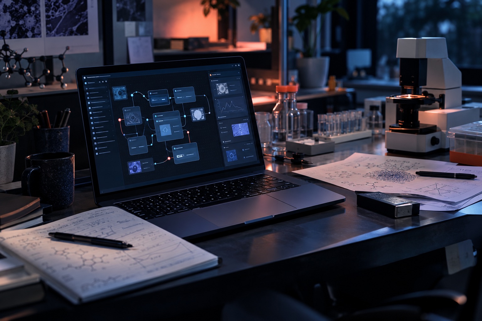 AI-generated editorial illustration of local scientific research workspace