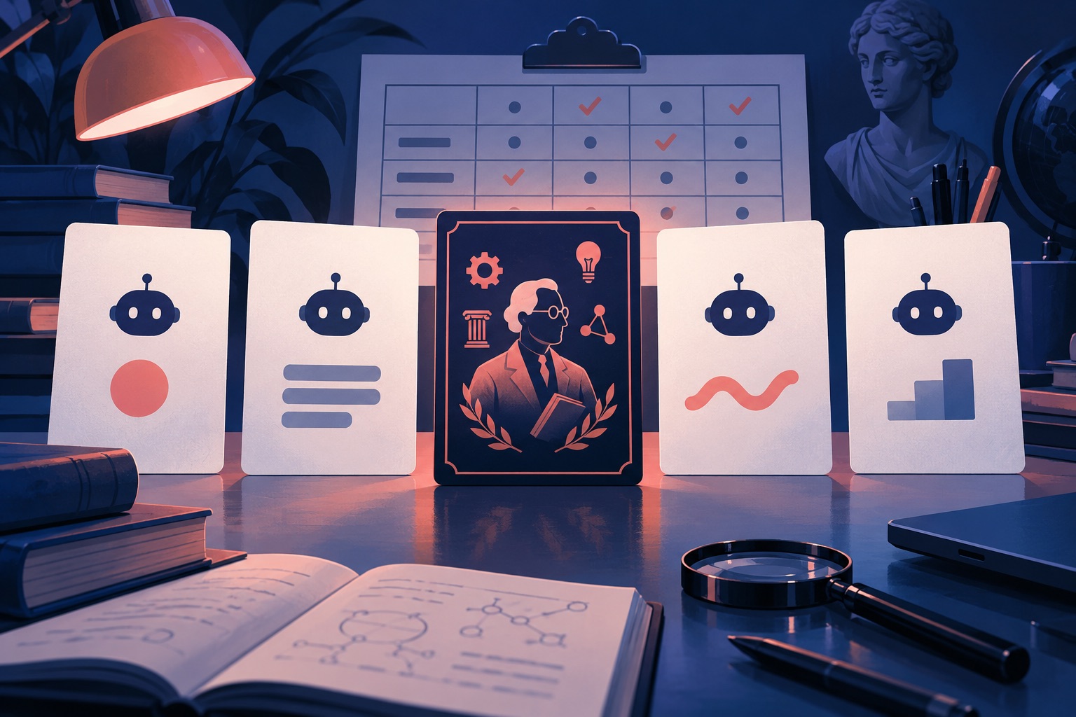 AI-generated editorial illustration of five system-prompt conditions in a study