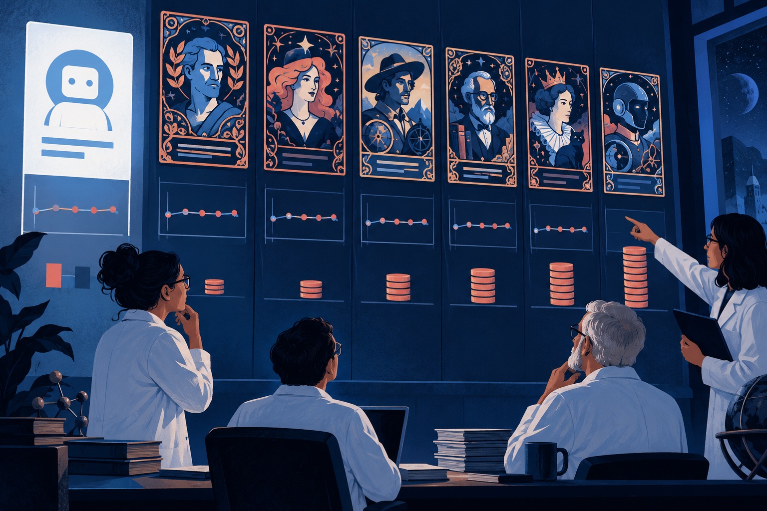 AI-generated editorial illustration of researchers comparing ai prompt profiles