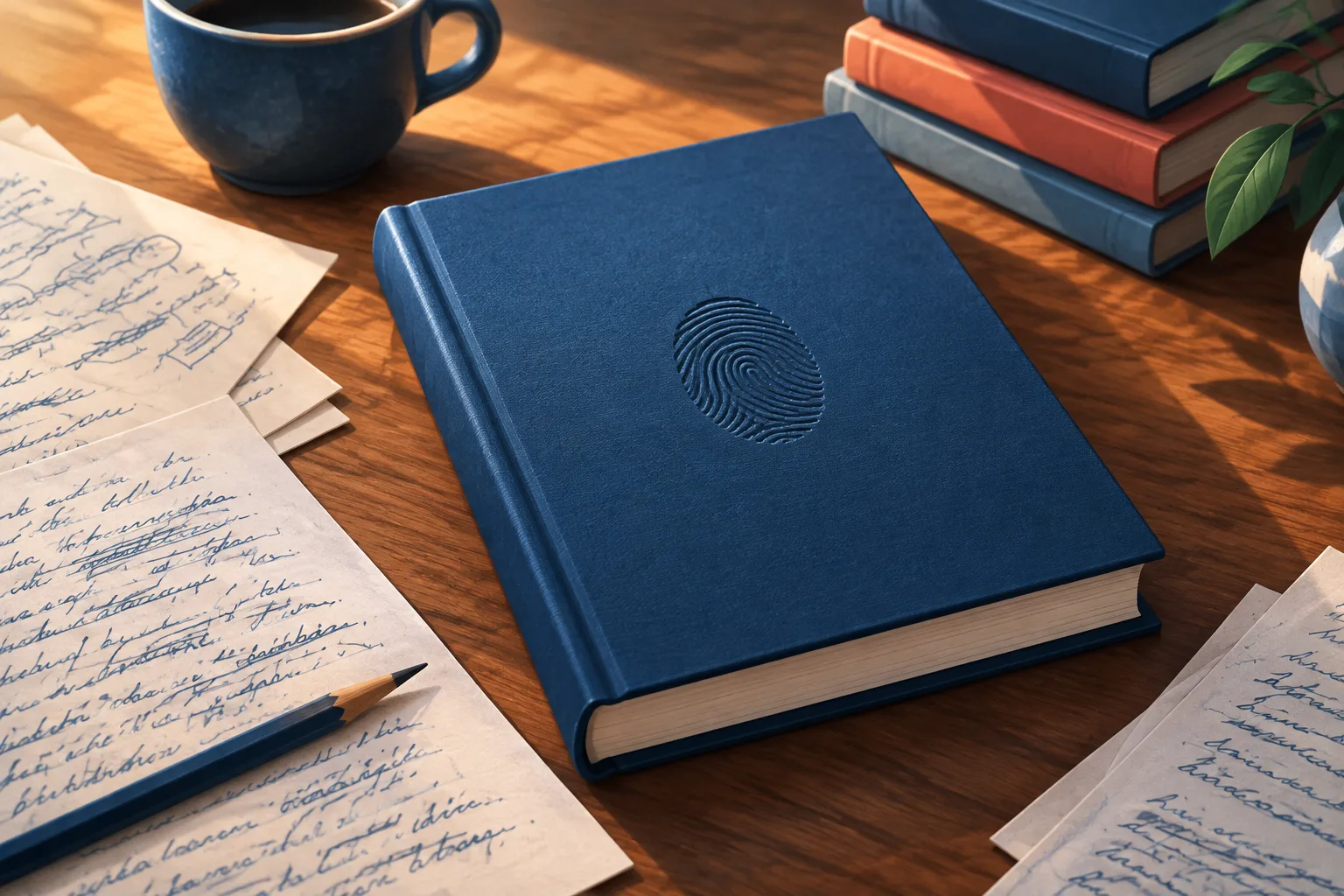 A hardcover book with a thumbprint-style human-authorship seal rests beside handwritten drafts.