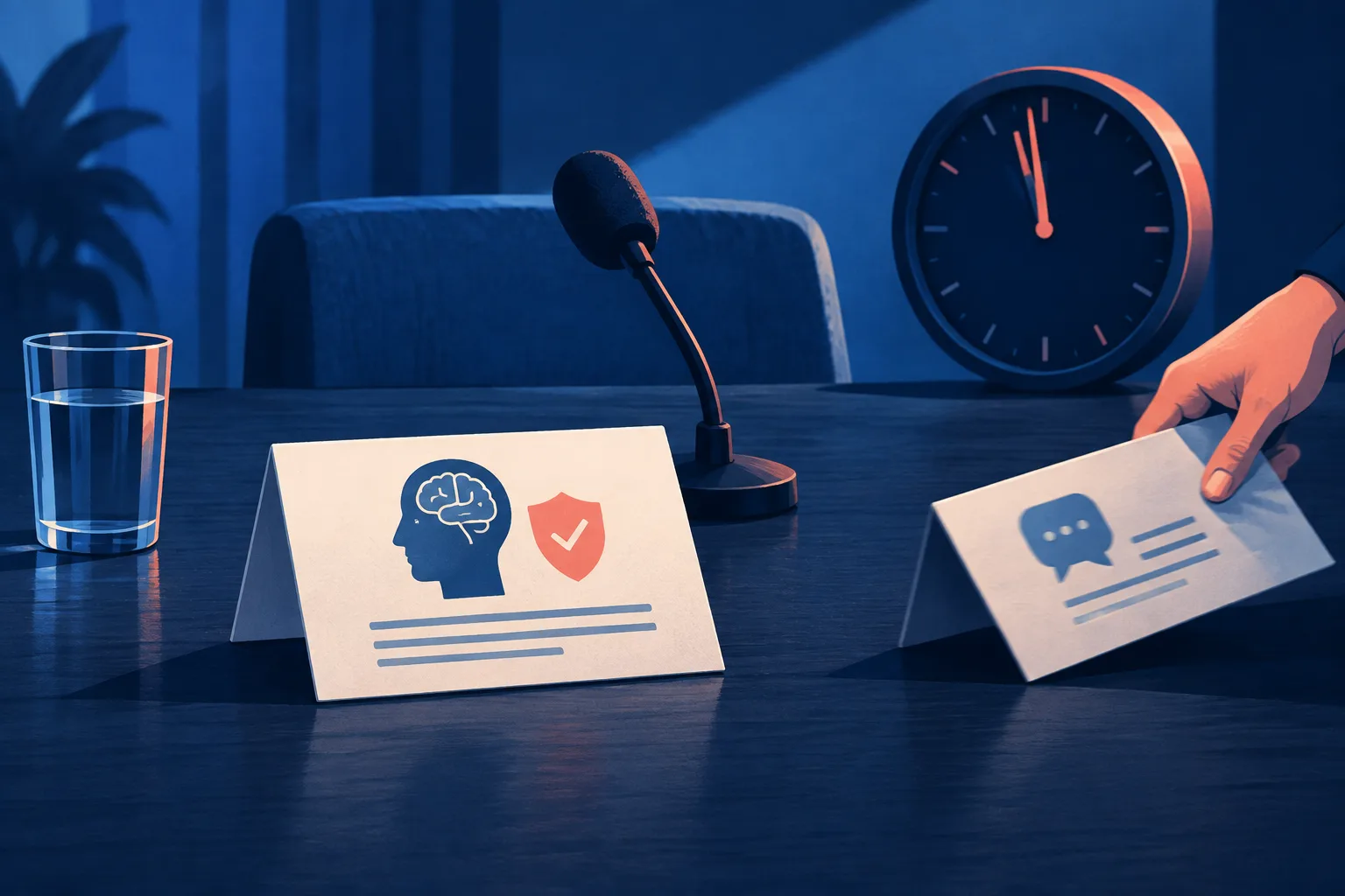 An interview microphone, a nearly elapsed clock, and a serious AI-safety question card.