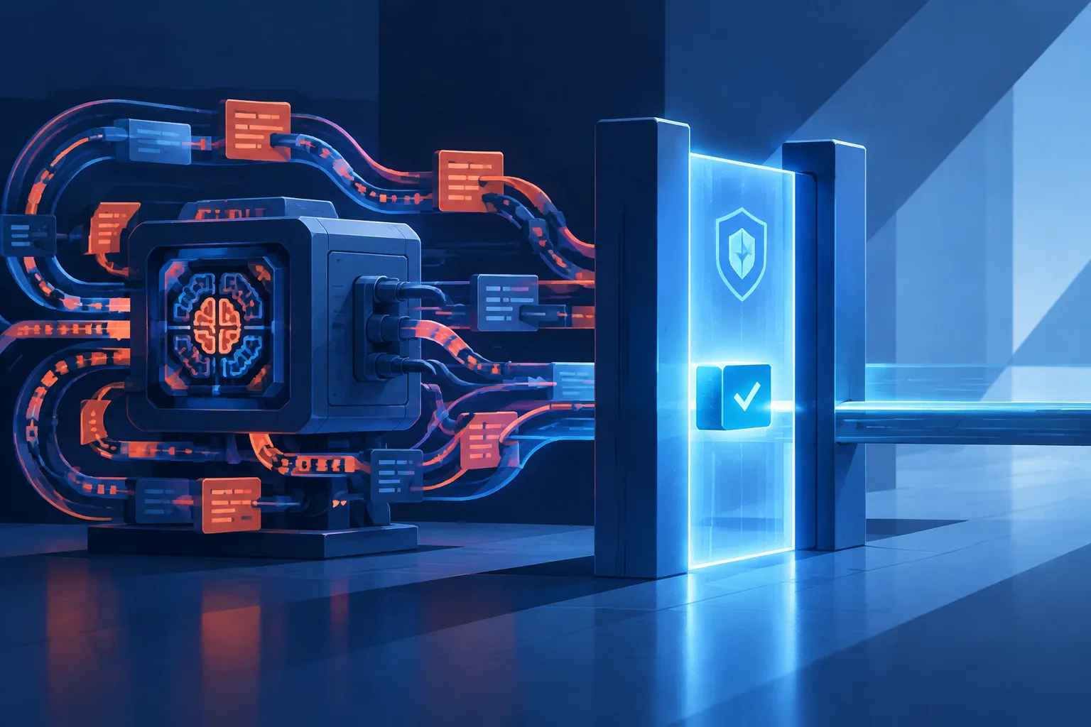 A security gate restricts which self-written changes enter an AI credit-screening machine.