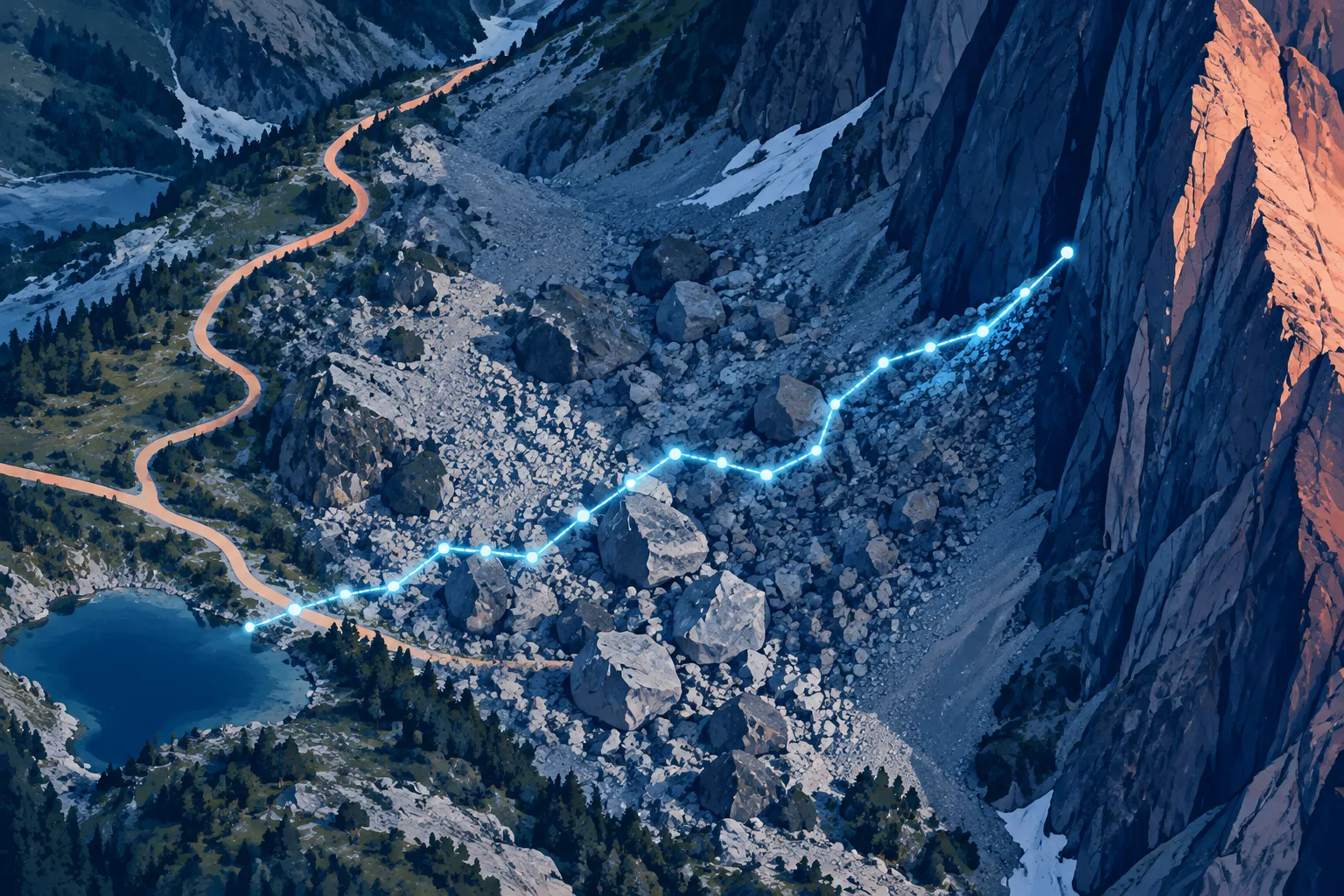 An abstract digital route veers away from a hiking path and toward a steep mountain wall.