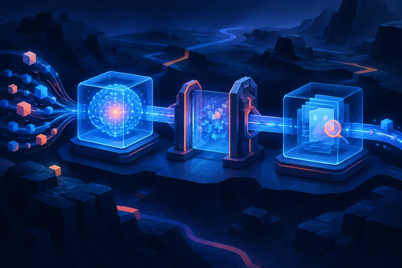 Editorial illustration of a three-part AI agent with separate reasoning, action approval, and completion checks.