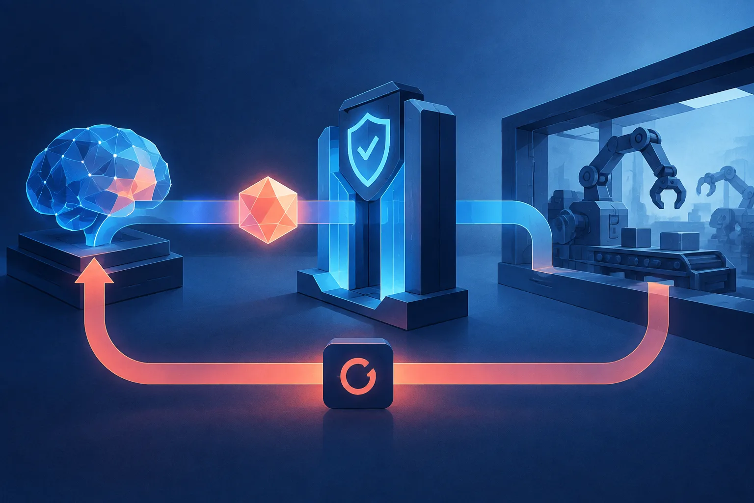 An abstract command pauses at a validation gate before entering an environment.