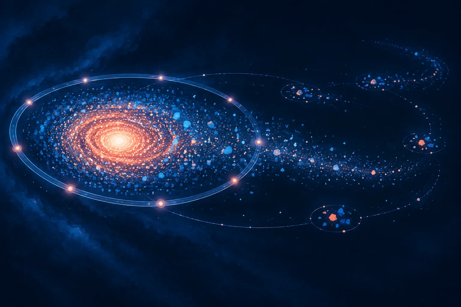 AI memory galaxy with a bright core and a preserved tail of rare fragments.