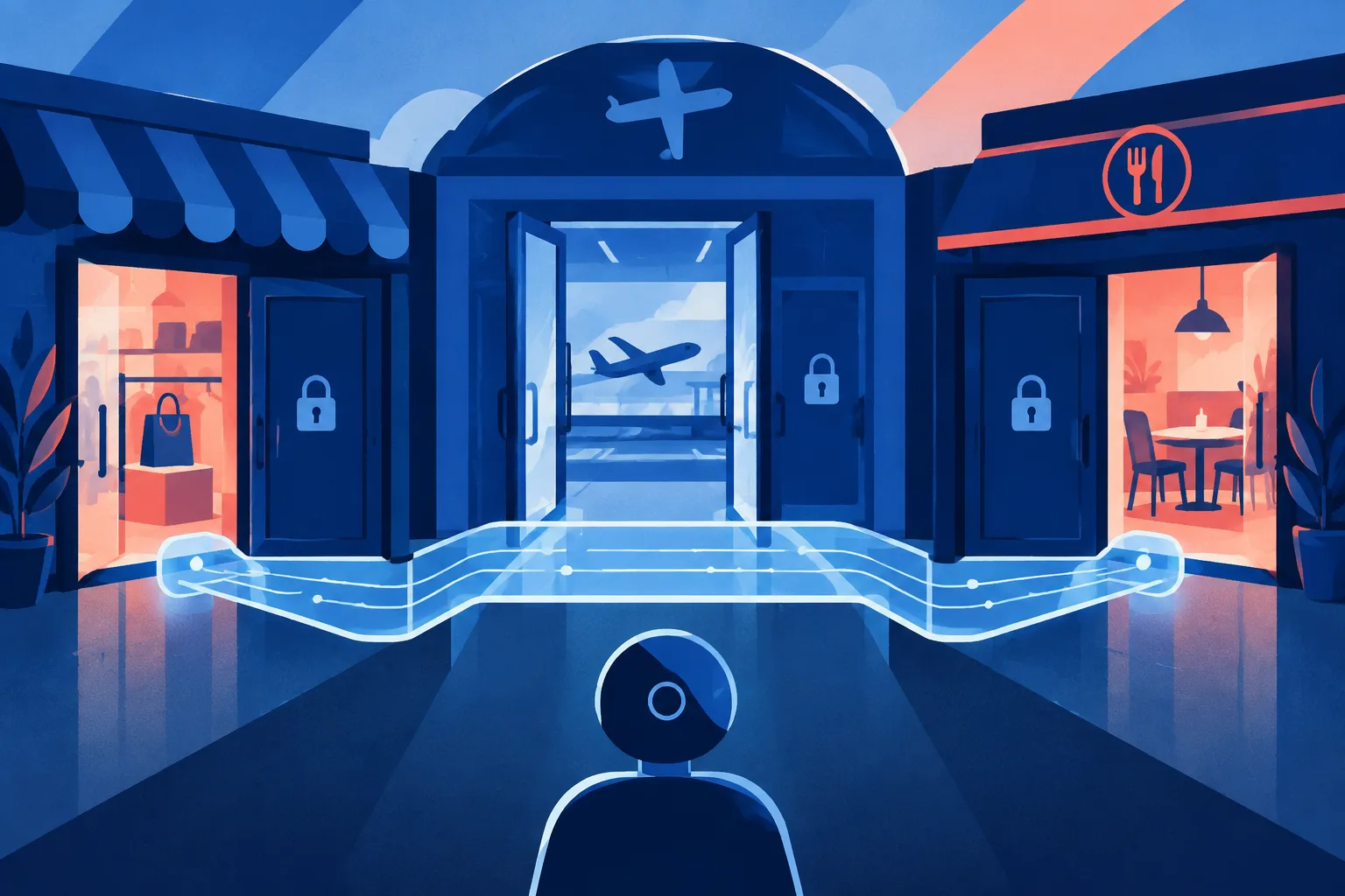 A common protocol bridge links retail, airline and restaurant doors with uneven access.