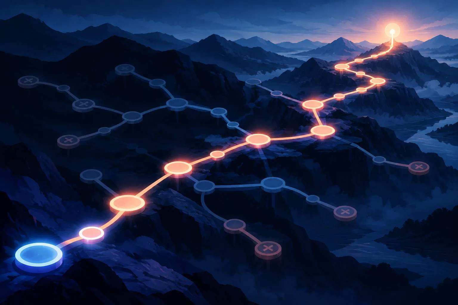 A long tool sequence highlights an early prerequisite path while dead-end choices fade away.