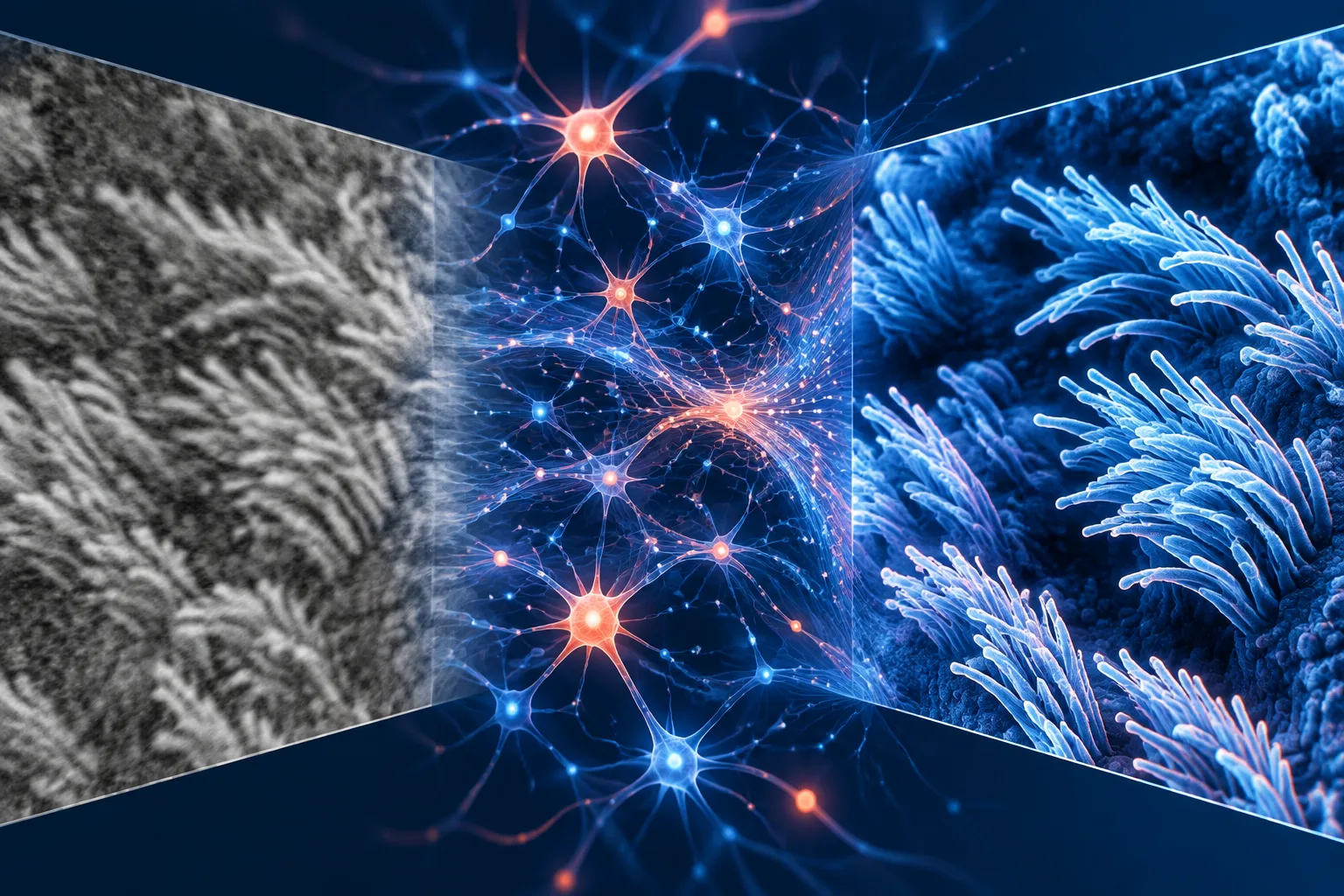 Grayscale microscopic structures pass through an artificial-neural processing layer.