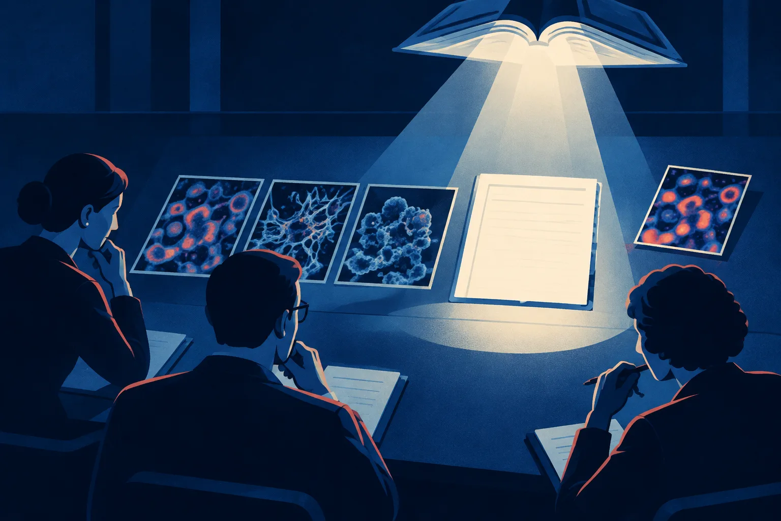 Contest judges separate an AI-processed microscopy frame while reviewing their rules.