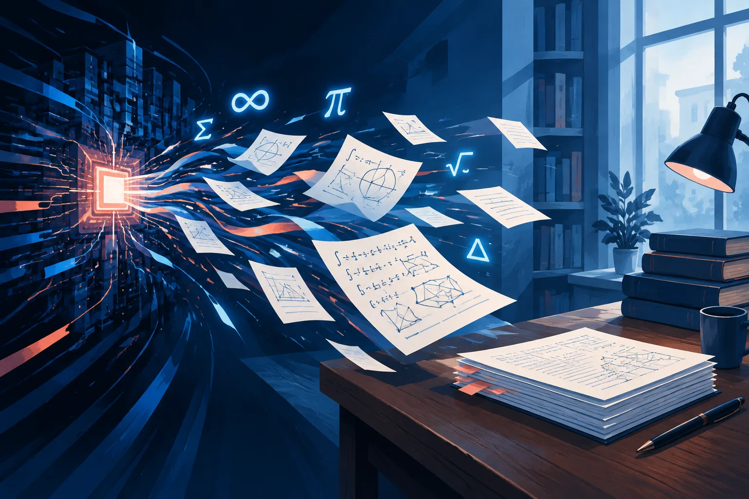 Abstract AI computation sends mathematical proofs toward an academic review desk.