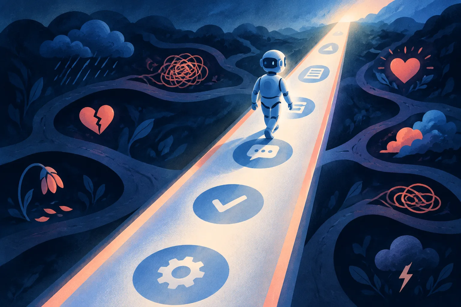 A conversational AI stays within a narrow task lane while emotional paths branch outside.