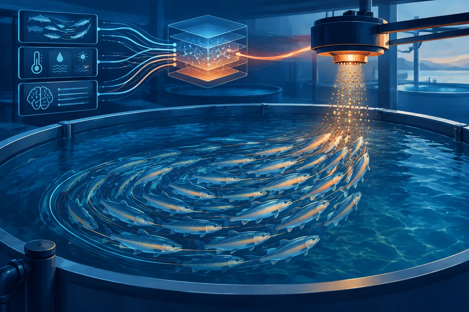 Illustrated trout school in a recirculating tank sending motion signals to an AI-controlled feeder.