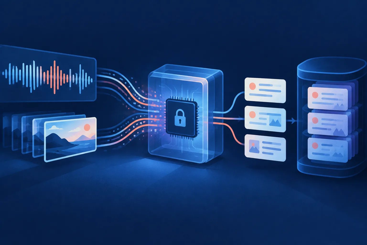 Audio and camera data vanish inside a secure processor while condensed abstract notes remain stored outside it.