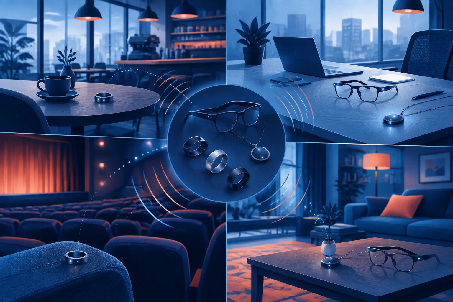 Similar-looking wearable devices create subtle sensor fields across a café, office, theater, and home.