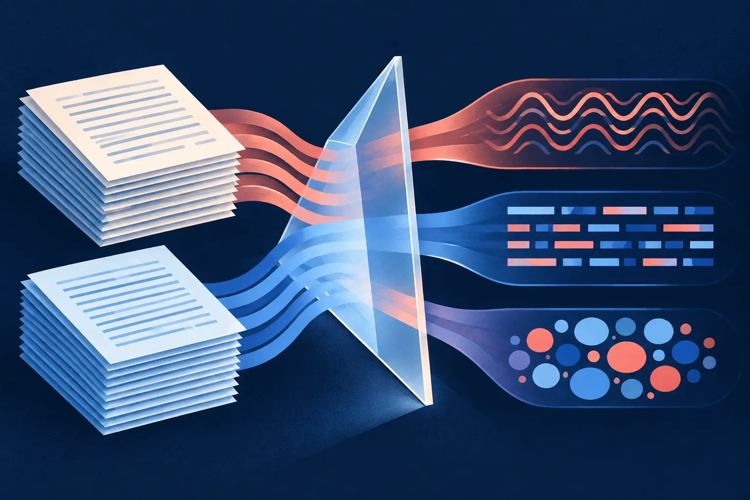 Matched writing samples pass through a prism revealing recurring language patterns.