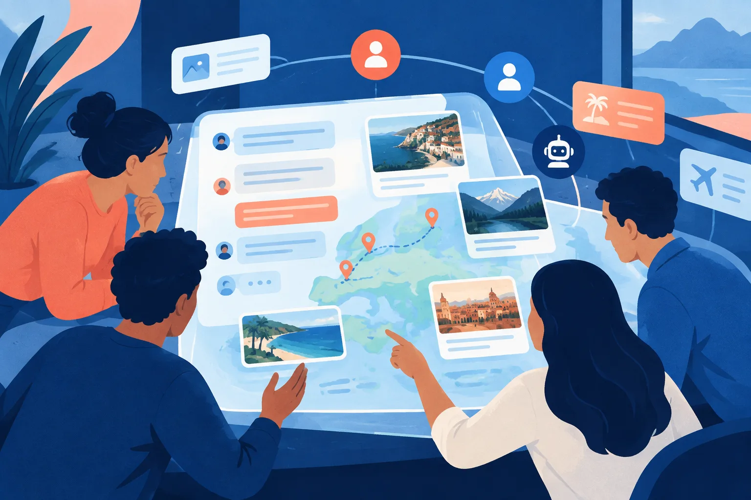 Editorial illustration of collaborative travel planning with an AI workspace.