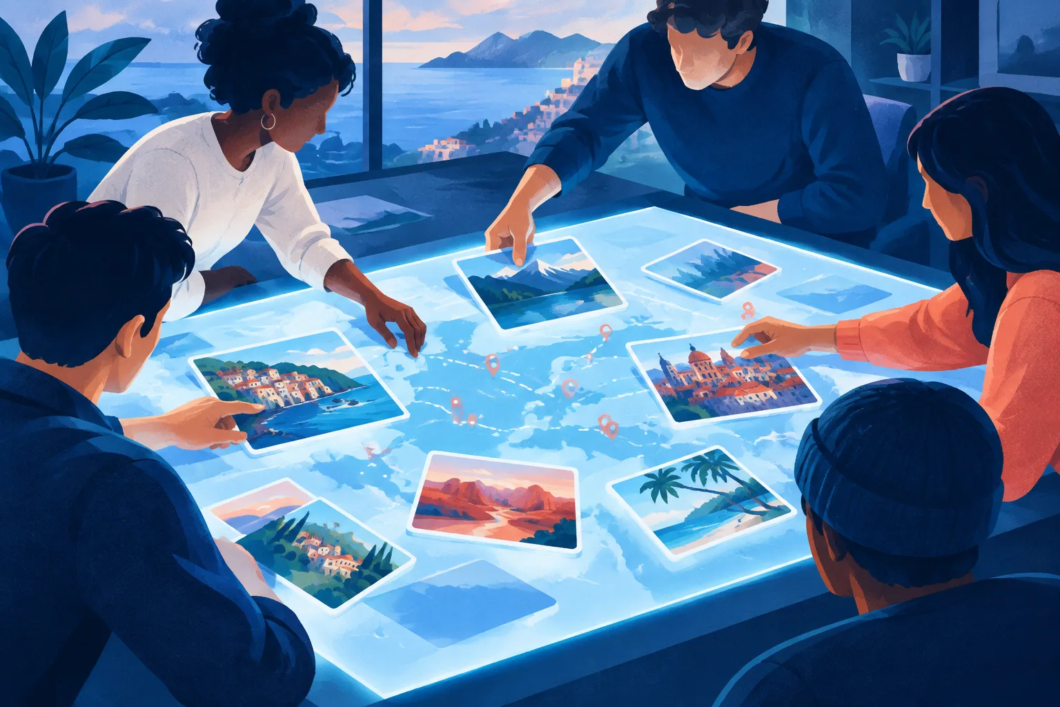 Illustration of several travelers planning together with shared AI.