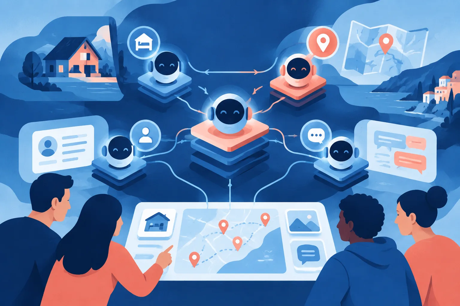 Illustration of connected AI agents coordinating travel tasks across software.