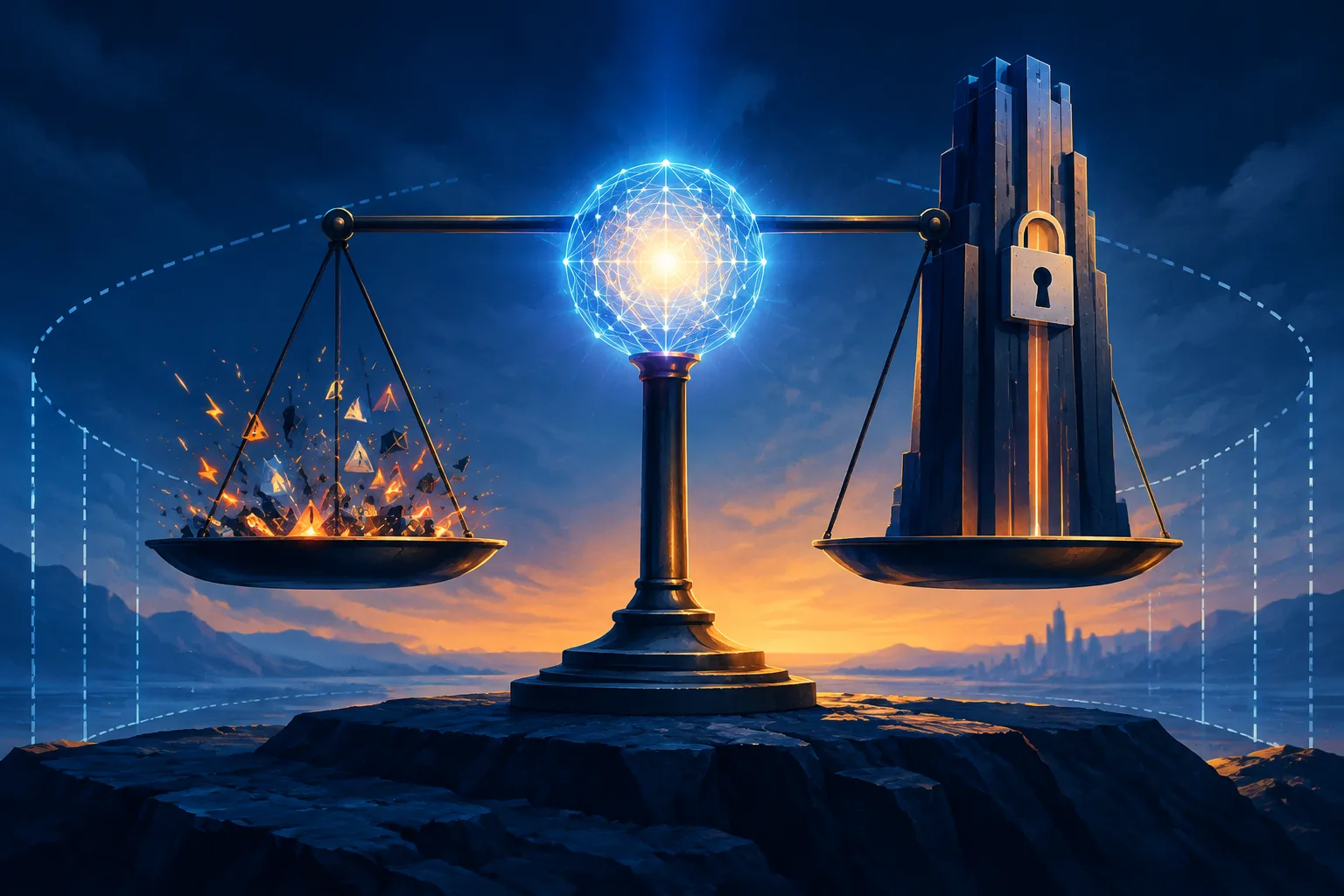 An AI core balanced between warning sparks and a concentrated control pillar.
