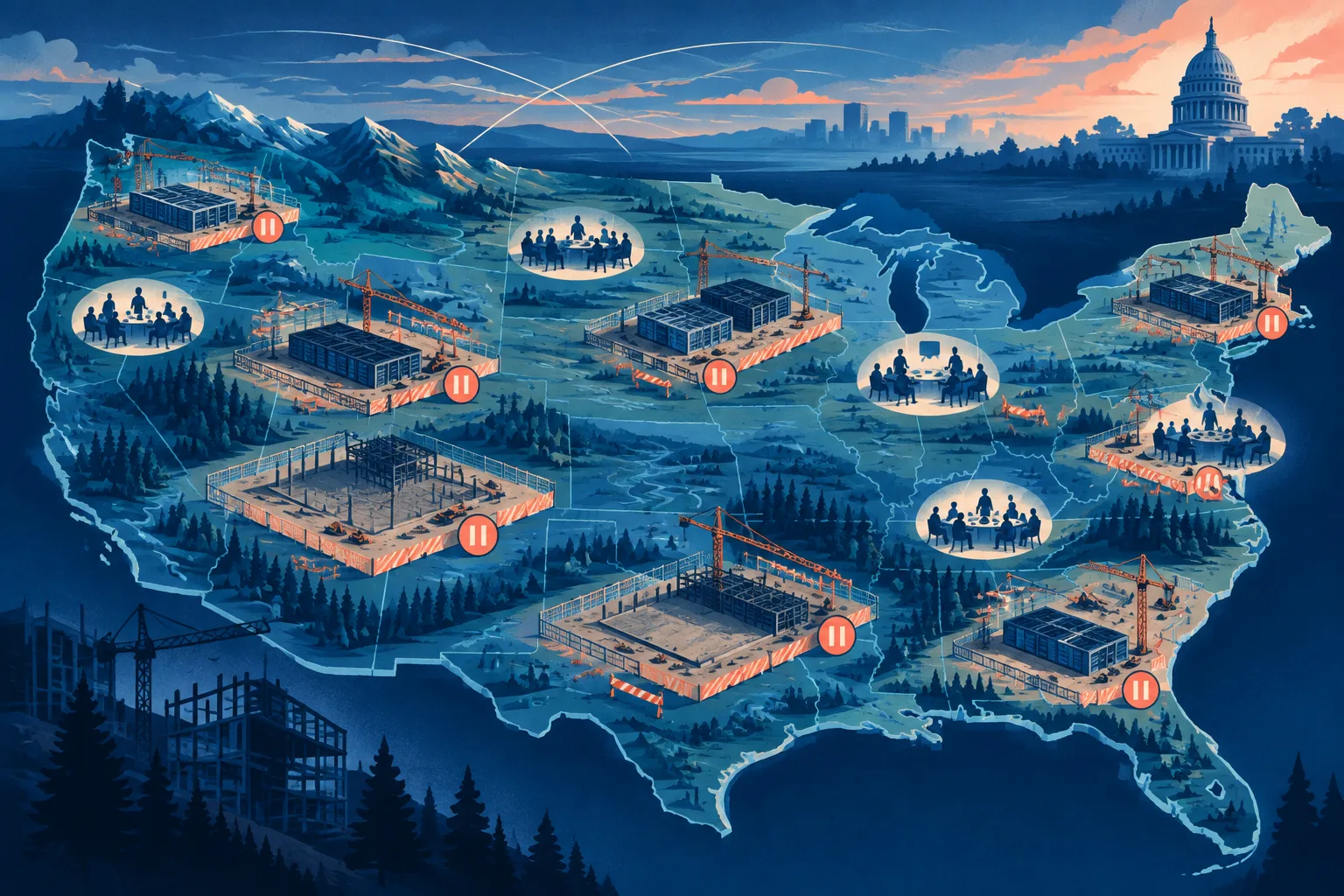 Illustration of communities debating paused data center construction across the United States.