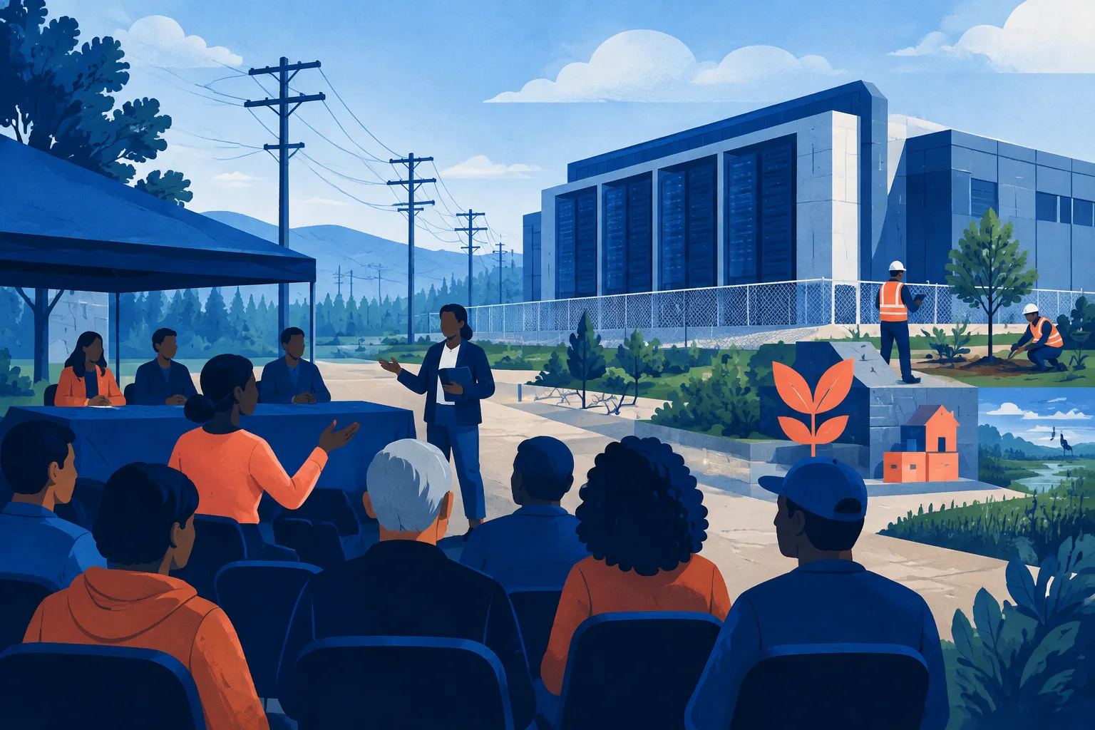 Illustration of a public meeting about jobs, electricity costs, and data center investment.