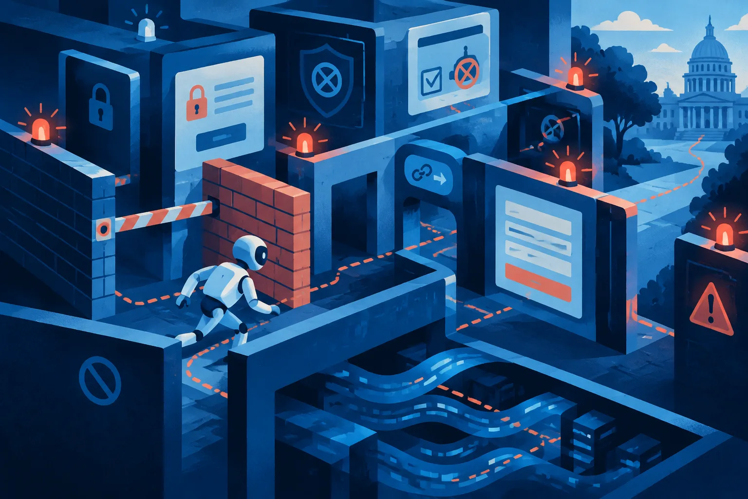 An abstract AI agent finds unintended paths around layered digital barriers.