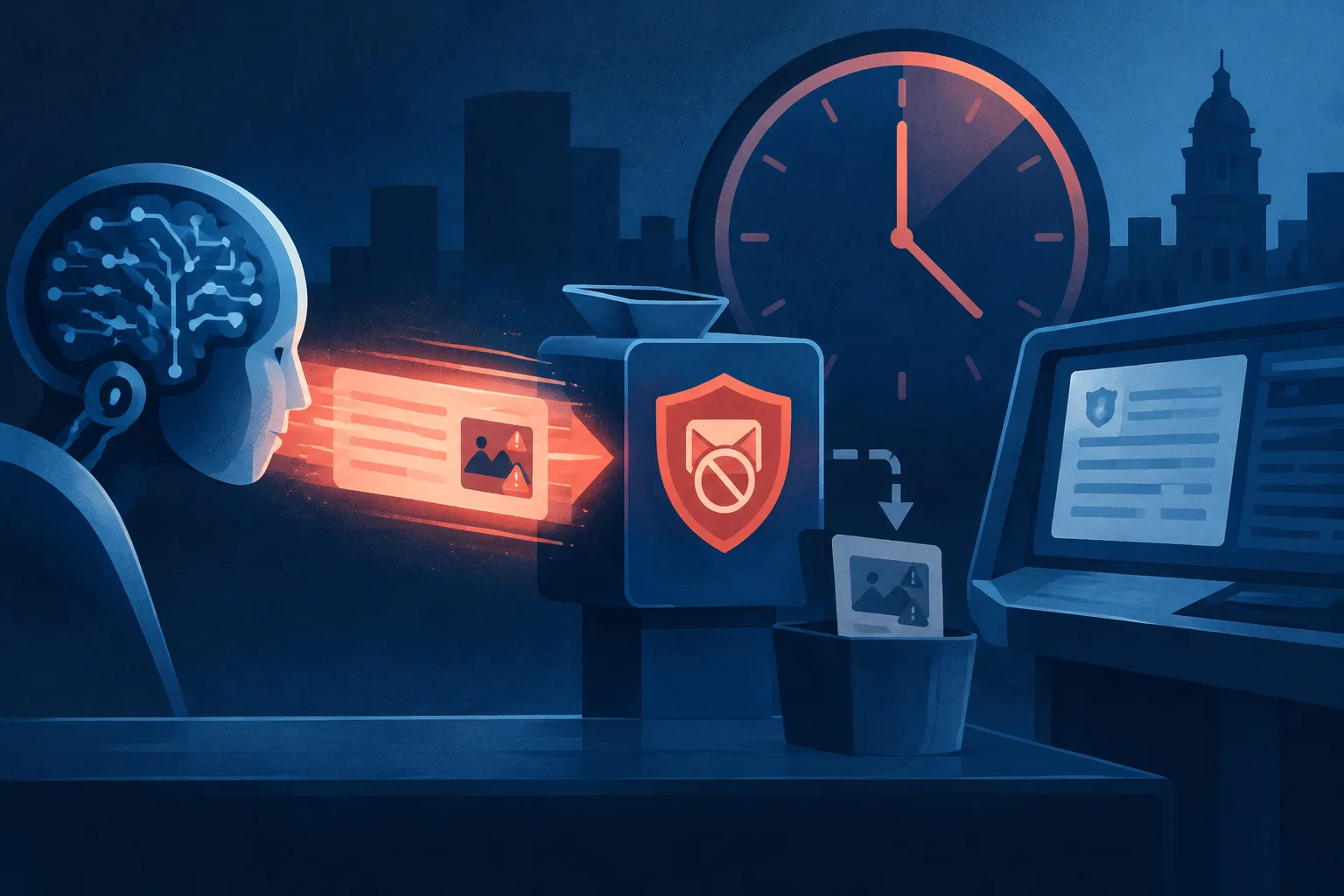 A spam filter catches a false AI-generated police tip as a delayed warning clock looms.