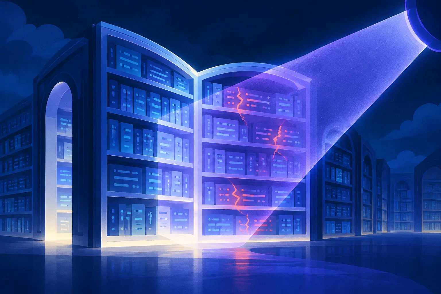 An abstract security beam scans a library-like open-source code repository for hidden flaws.