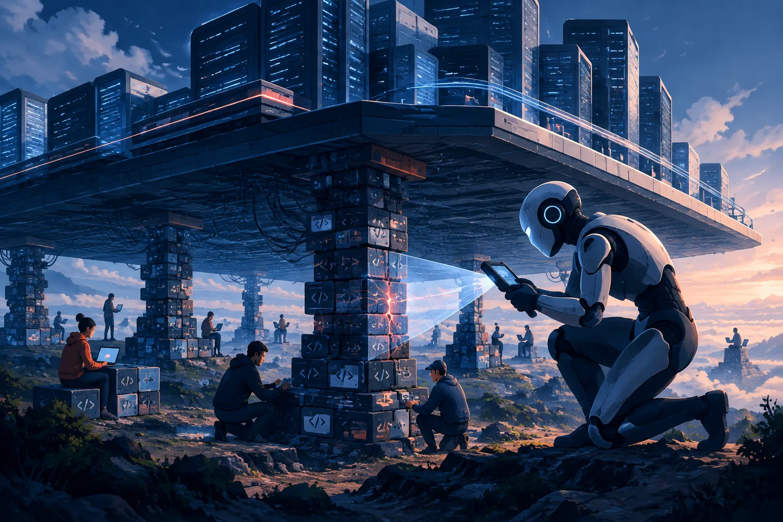 An AI sentinel scans the open-source foundations supporting a large digital infrastructure.