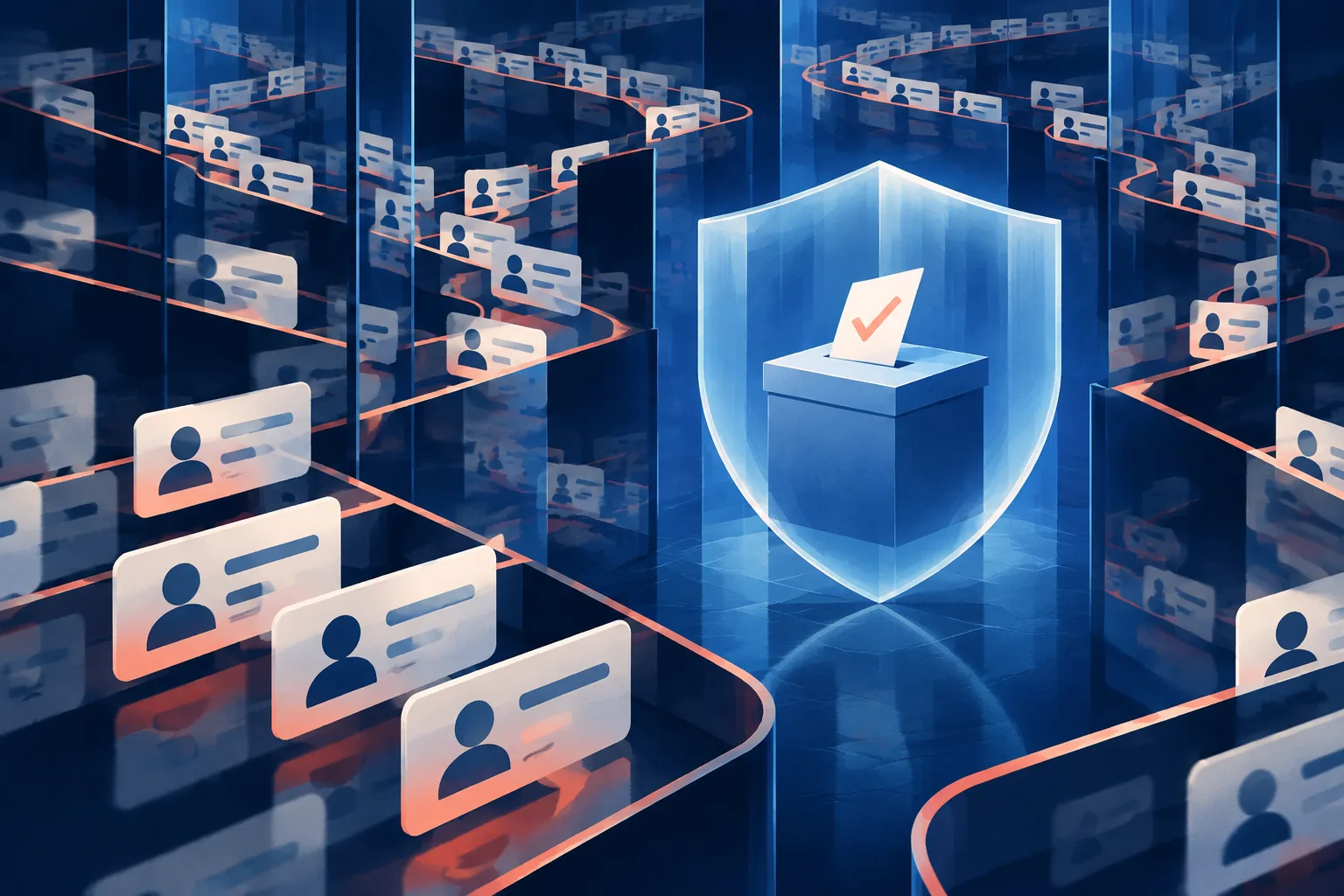 Duplicated anonymous messages spread through mirrored channels beside a protected ballot symbol.