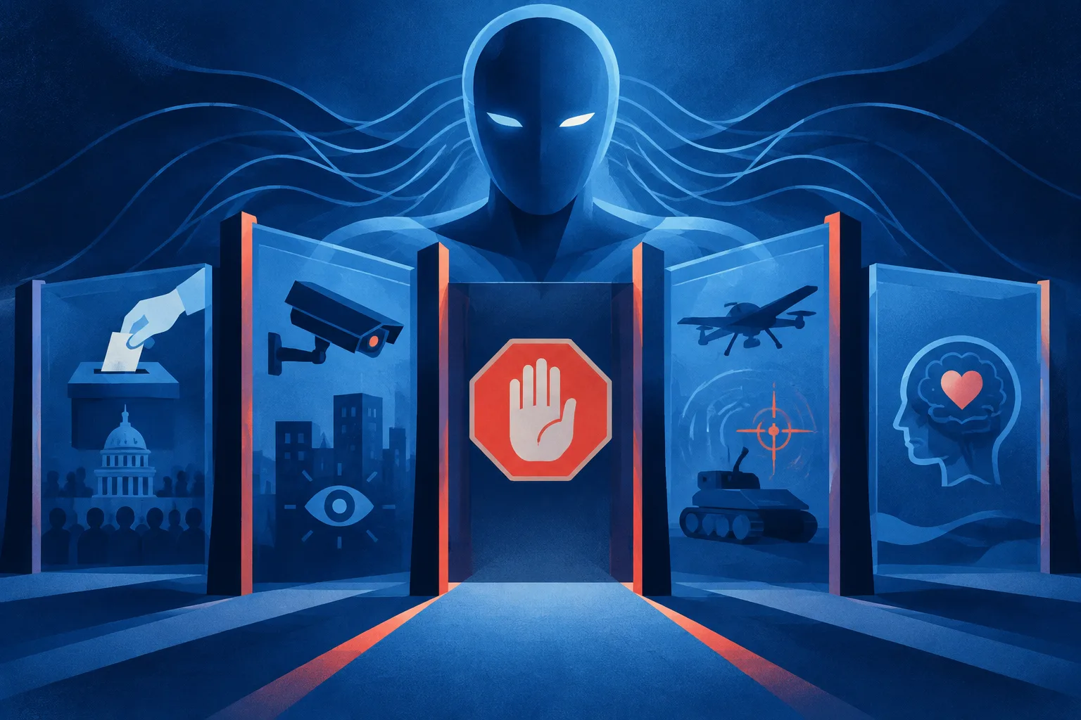 An abstract AI system sits behind policy gates for several high-risk uses.