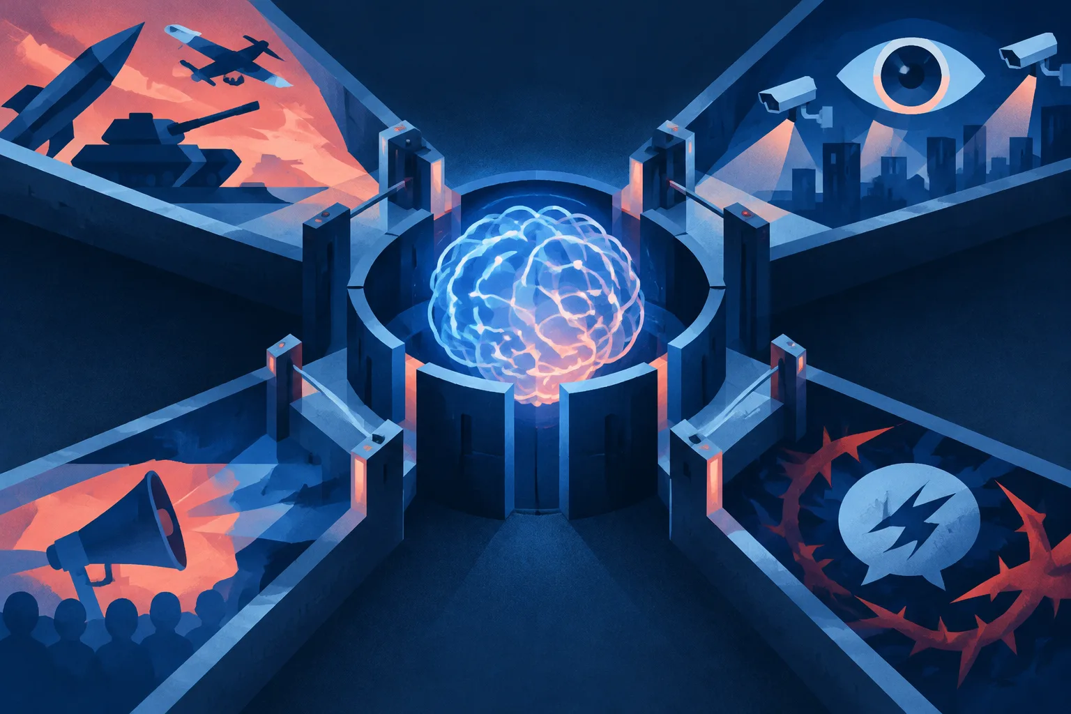 An abstract AI core is protected by barriers across four risky pathways.