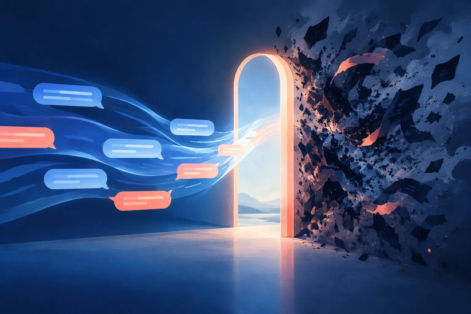 A conversation stream ends at a calm gate as hostile fragments dissolve nearby.