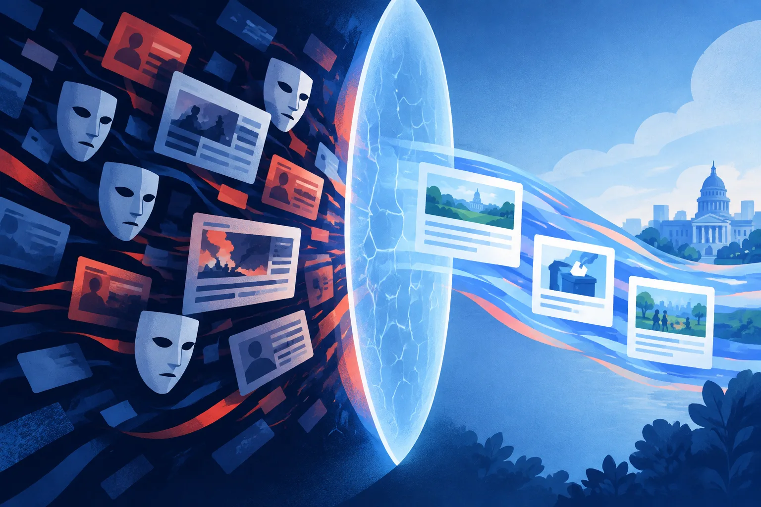 A security membrane blocks fake accounts while preserving a clean civic-information path.