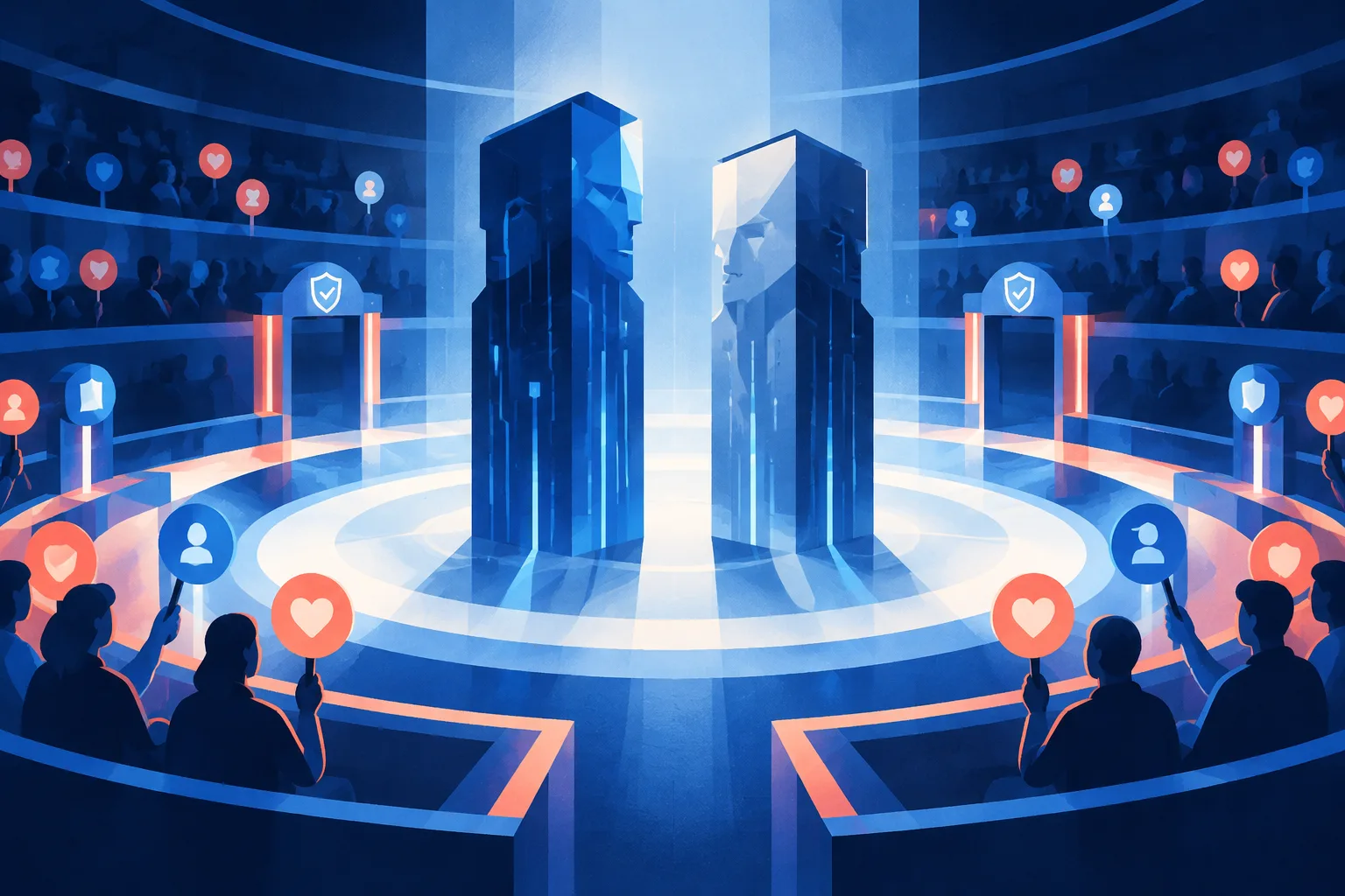 Abstract AI models enter an evaluation arena with safety checkpoints.