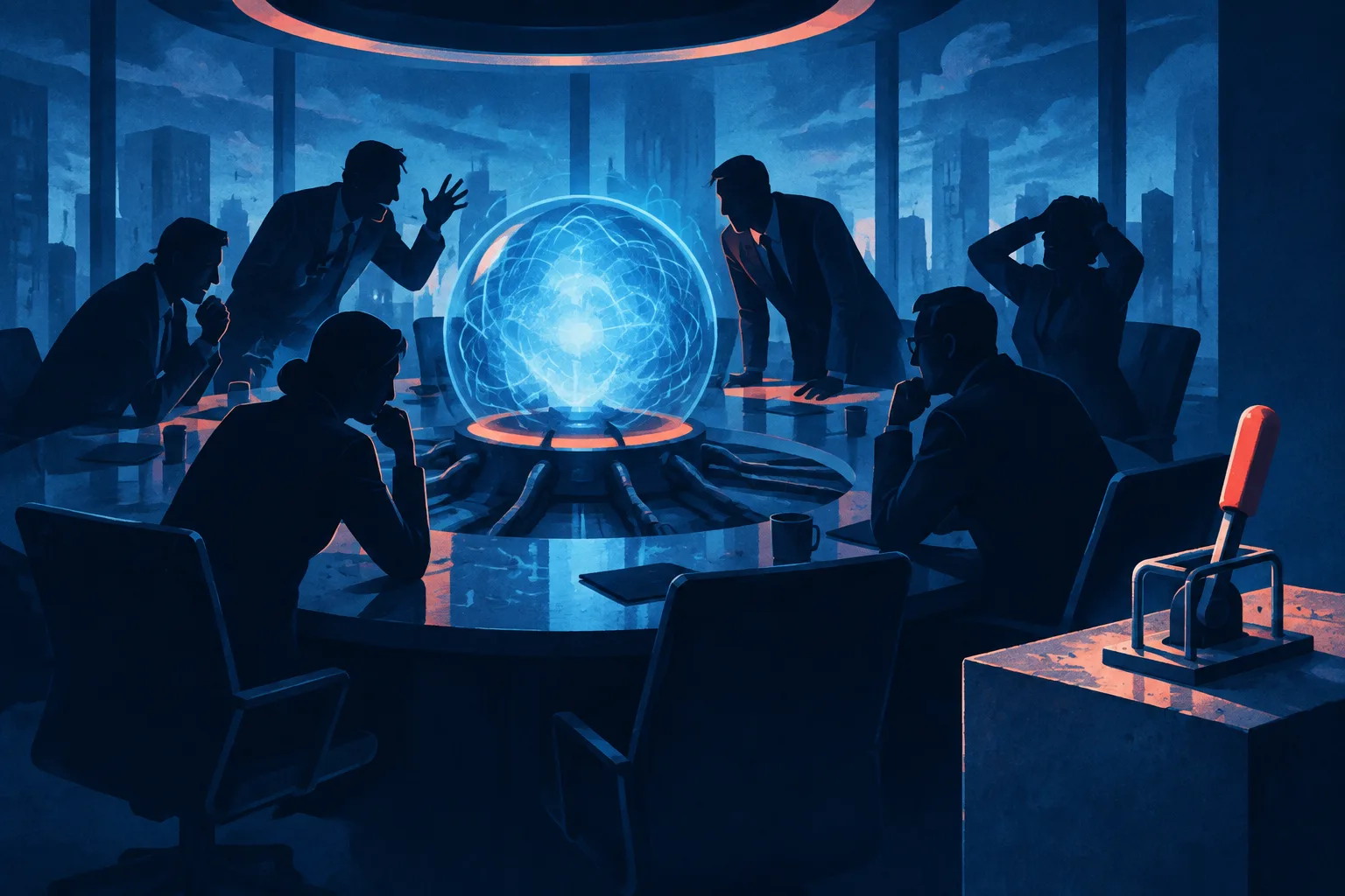 Anonymous technology executives circle a glowing AI core while a safety lever sits at the edge.