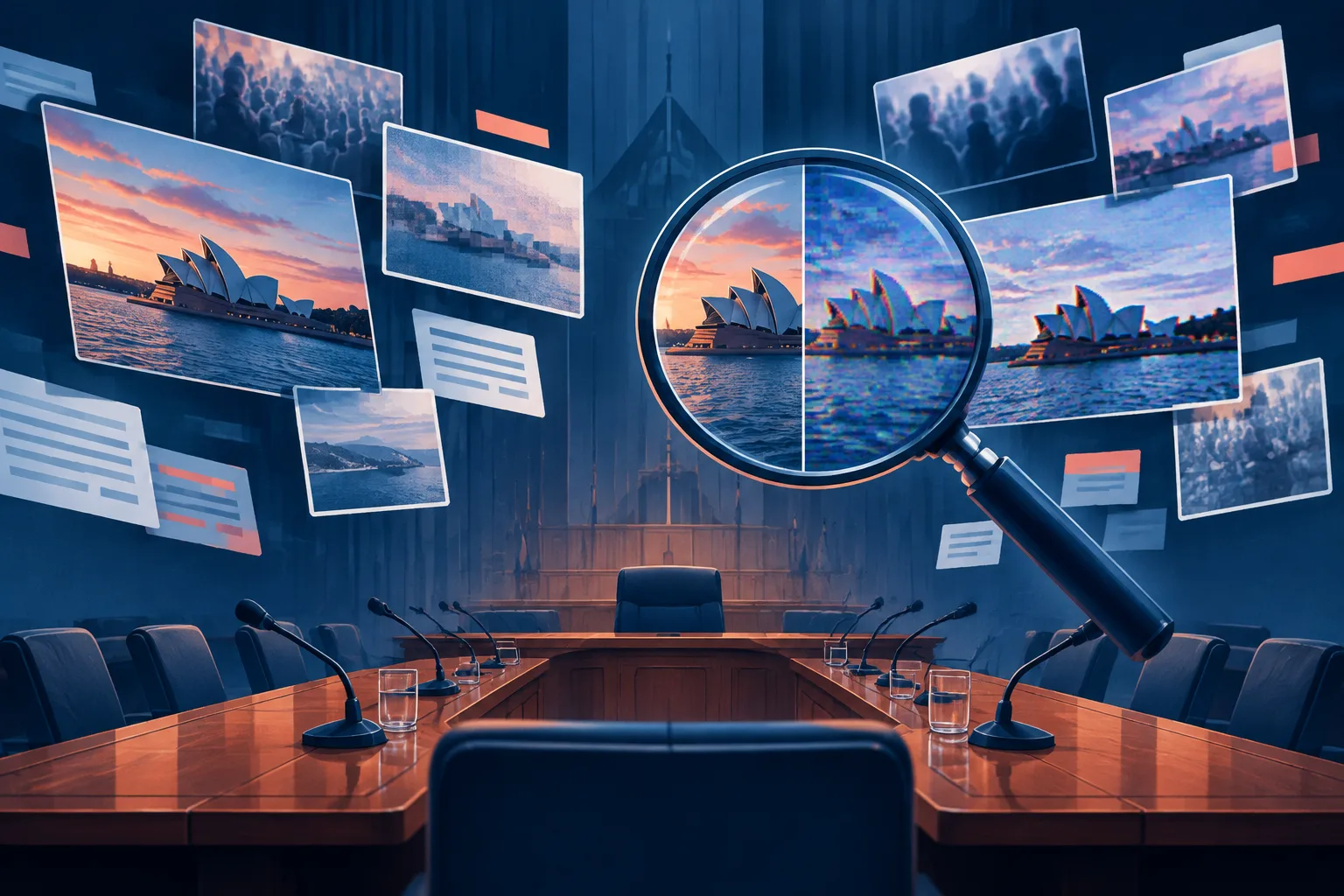 A parliamentary hearing table and magnifying lens examine a mix of authentic and synthetic media fragments.