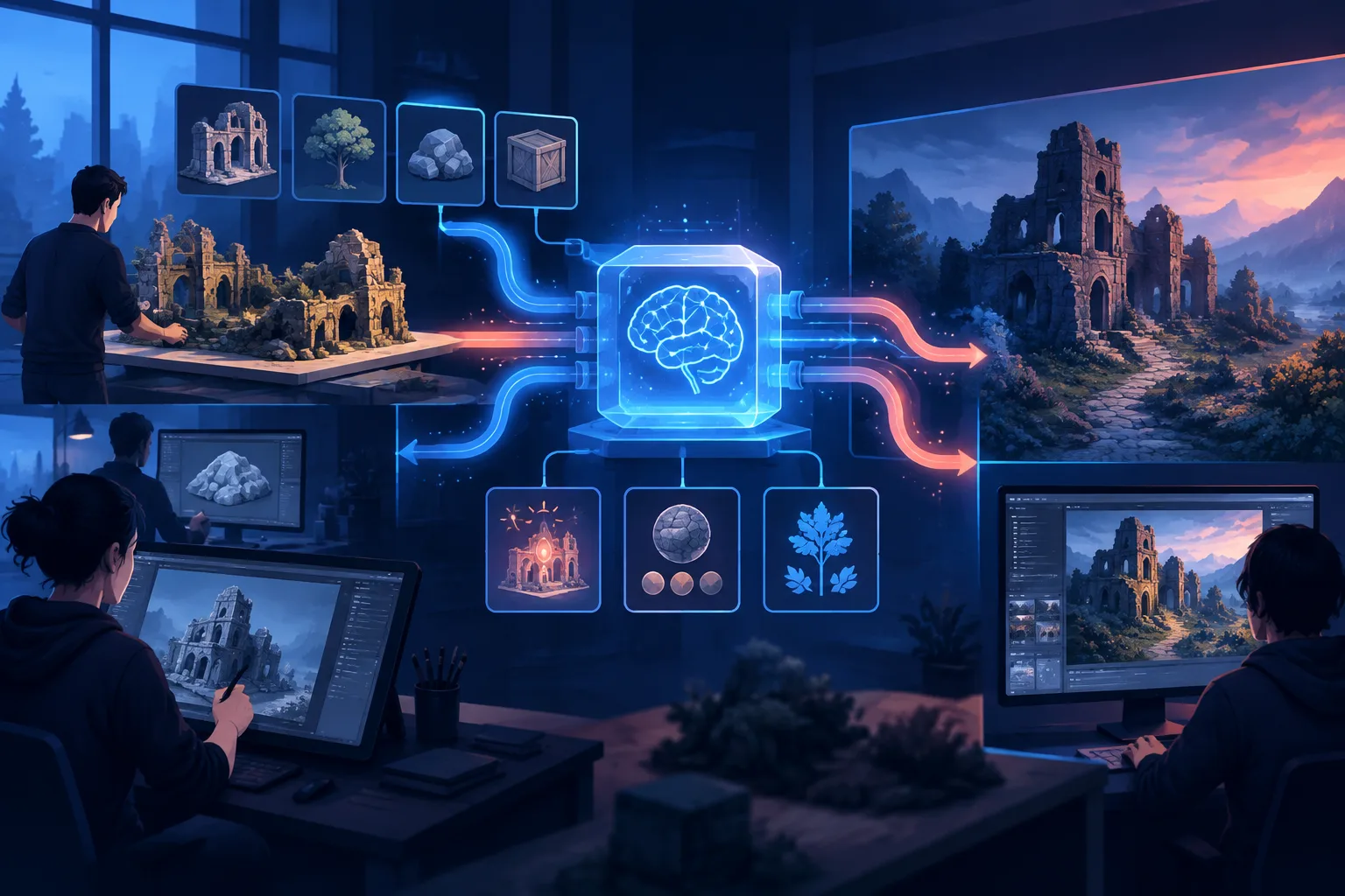 Game-development pieces moving through an abstract AI-assisted engine workshop.