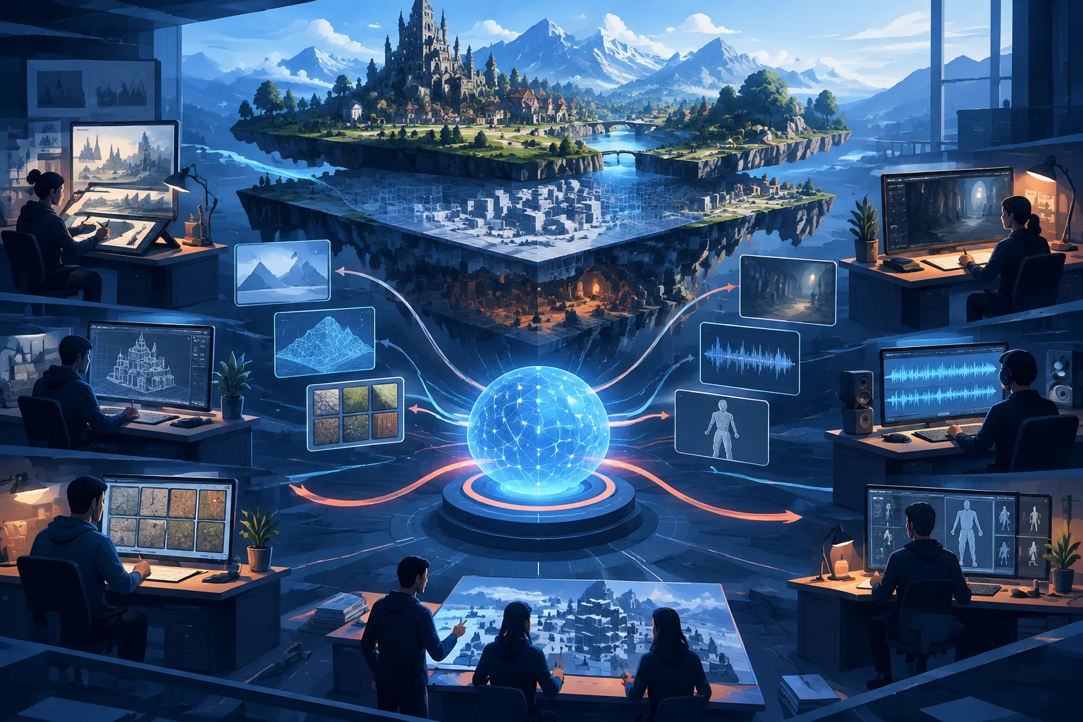 A large game world is assembled through human craft and abstract AI assistance.