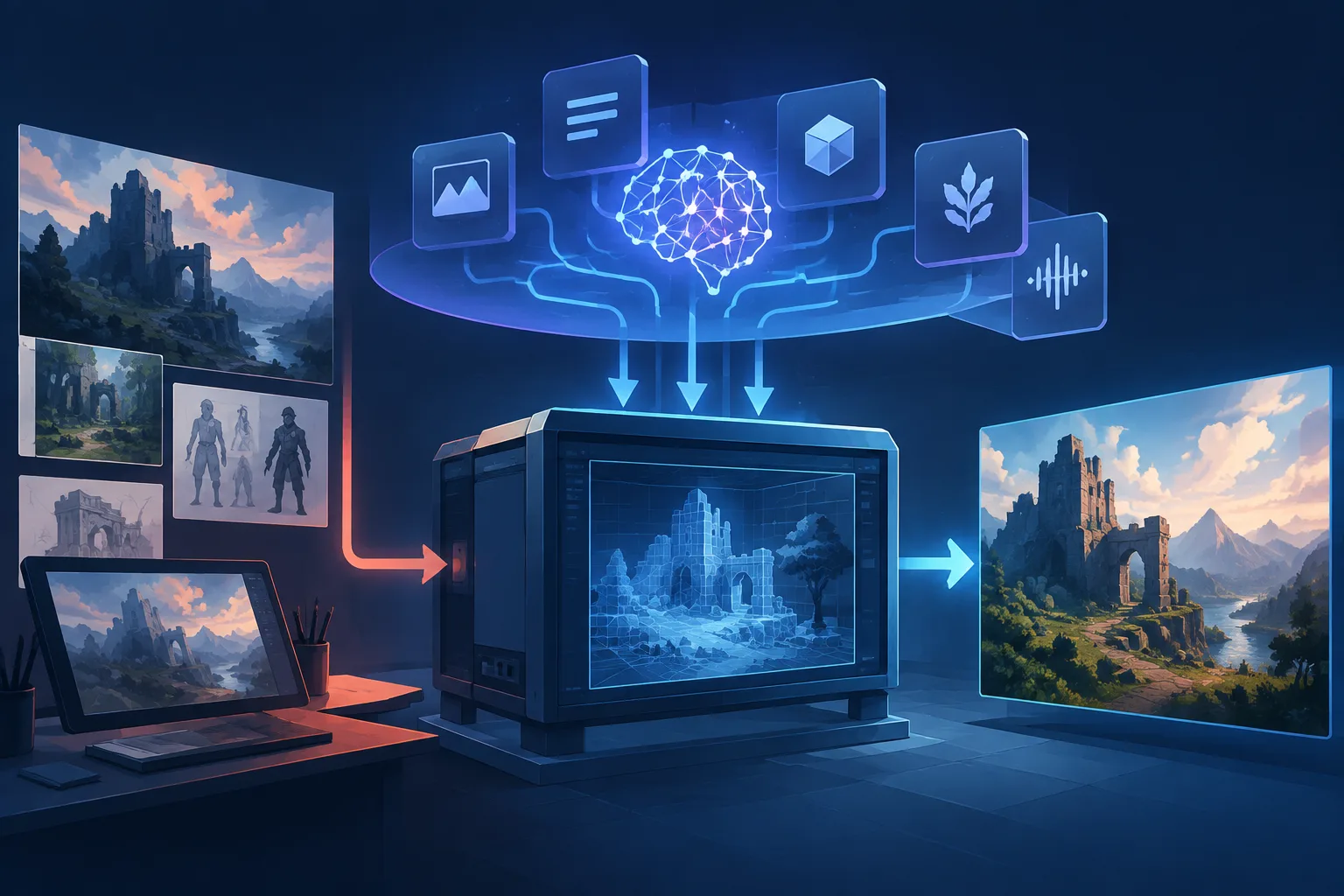A game engine gains modular AI tools while human-made artwork remains separate.