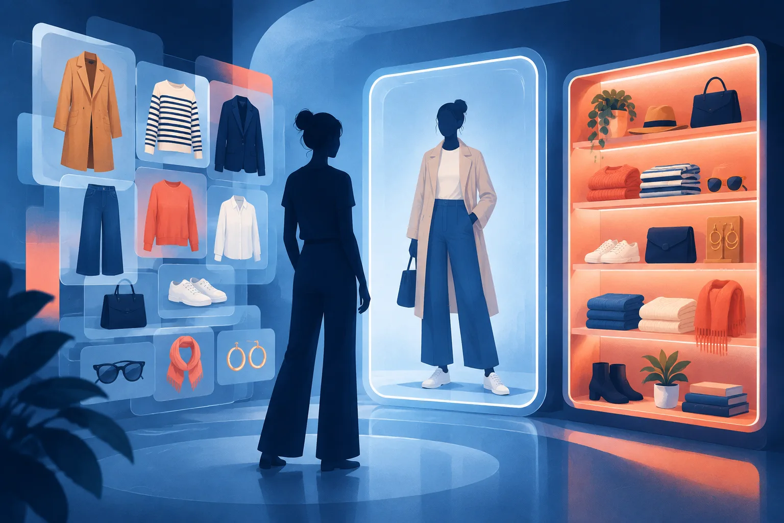 Editorial illustration of virtual clothing try-on and a saved shopping collection.