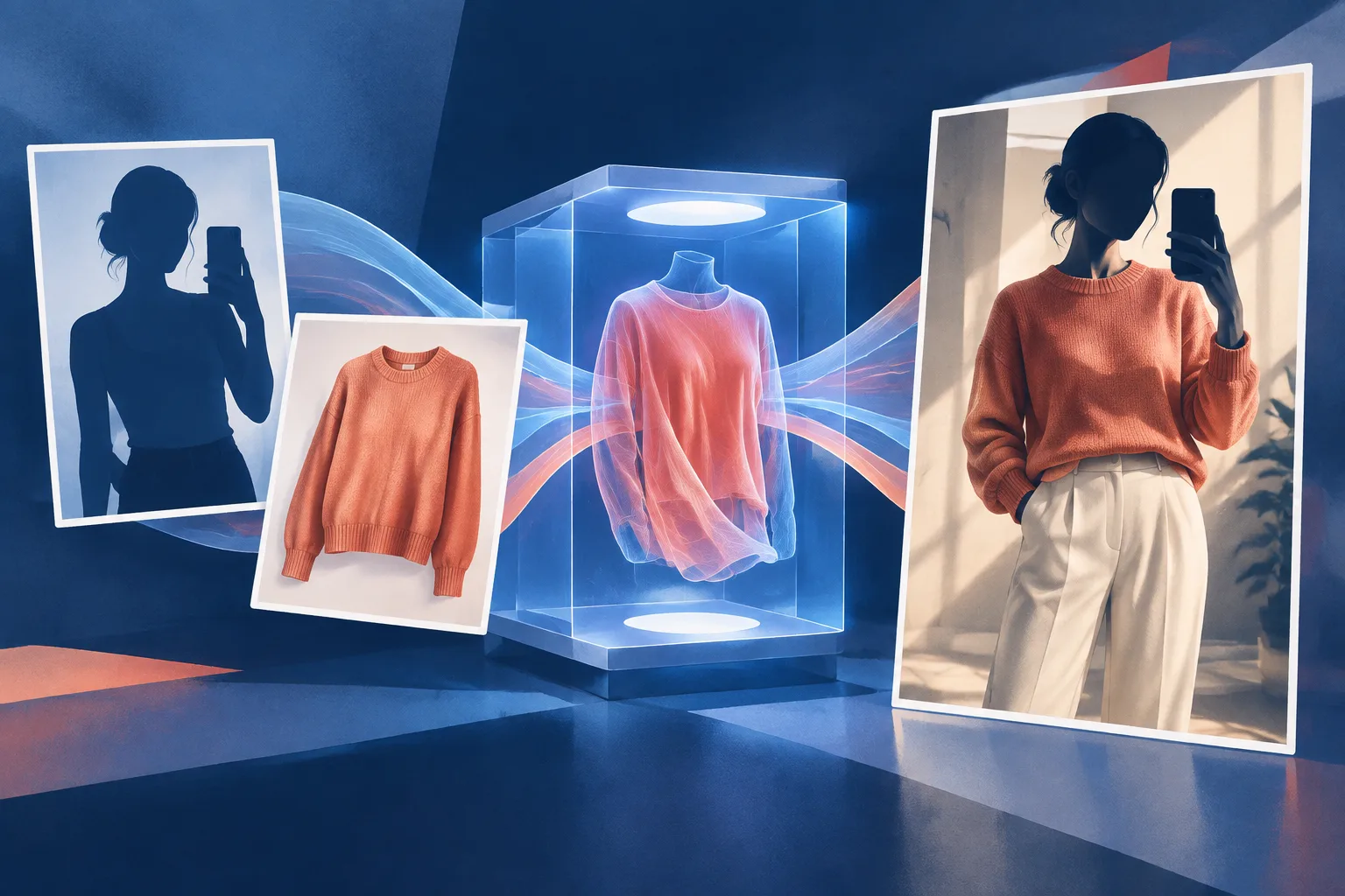 Illustration of a photo and garment becoming a virtual try-on image.