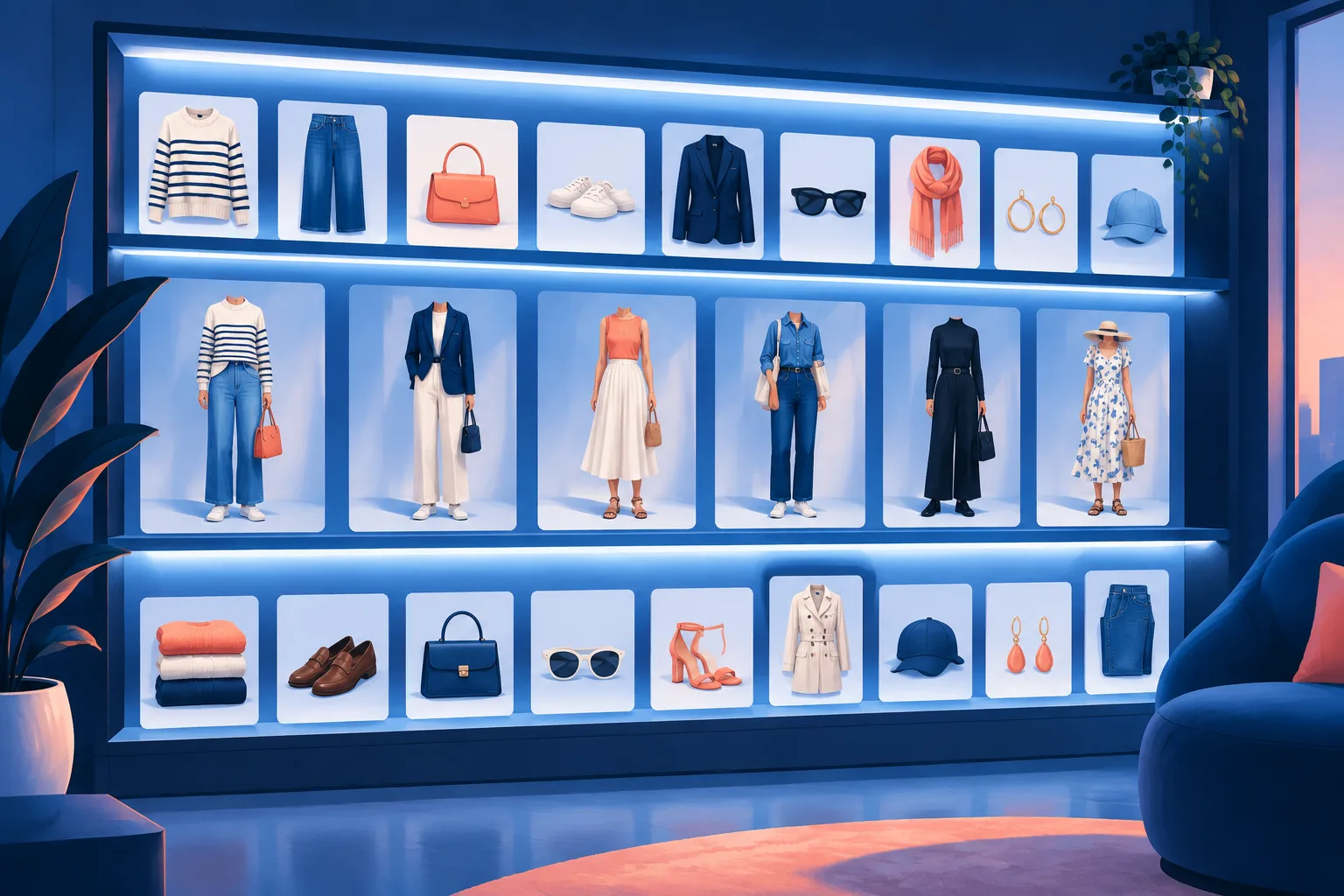 Illustration of saved products and generated outfits organized in a digital wardrobe.