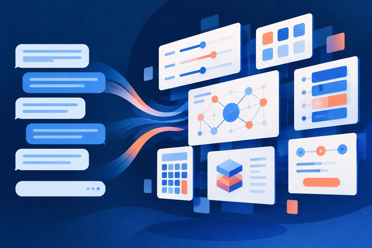 A text conversation transforms into a set of abstract interactive tools and visual panels.