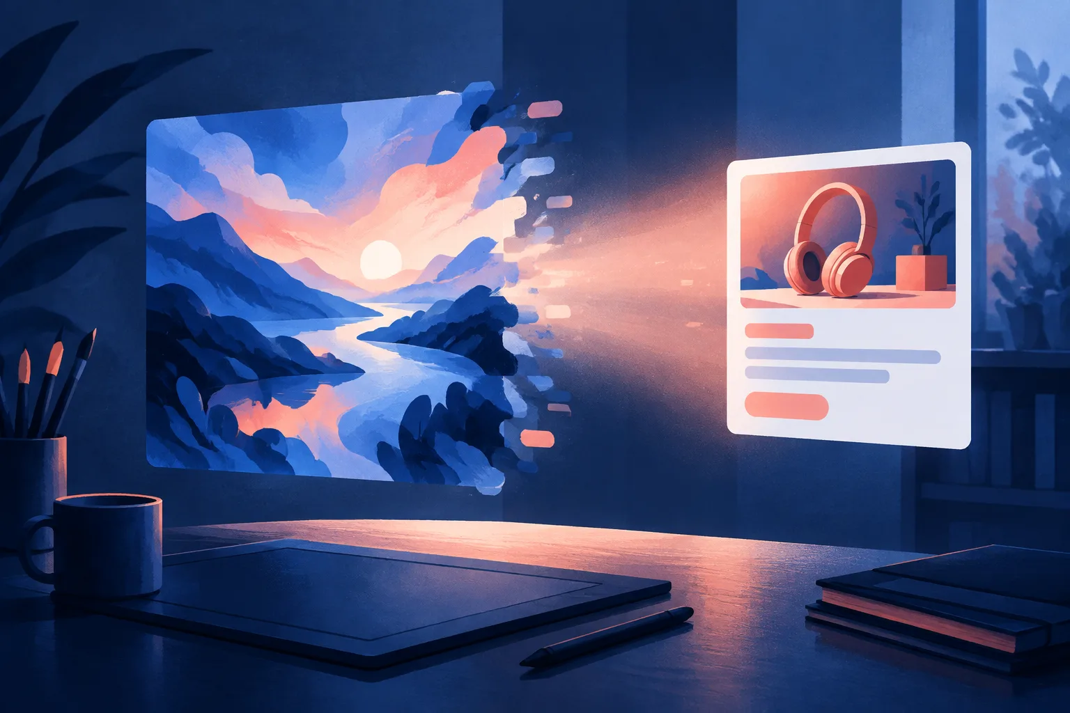An abstract image-generation workspace keeps a visual ad card outside the creative output.