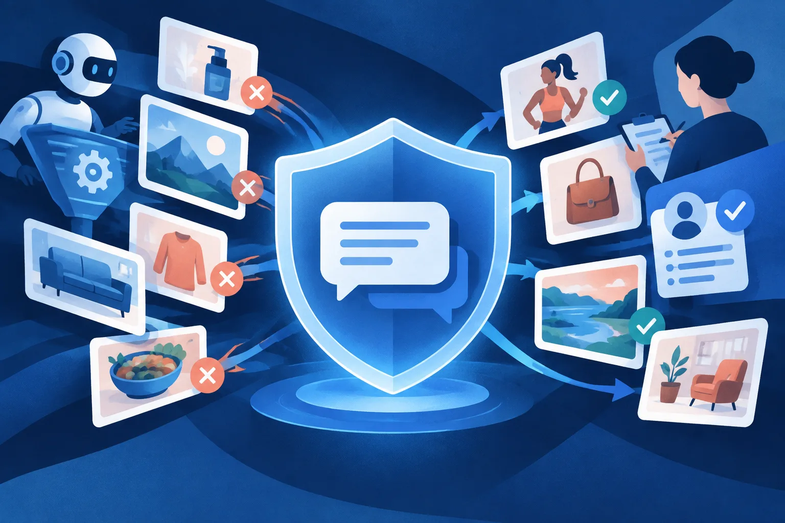A privacy shield and review symbols filter ads around a protected conversation.