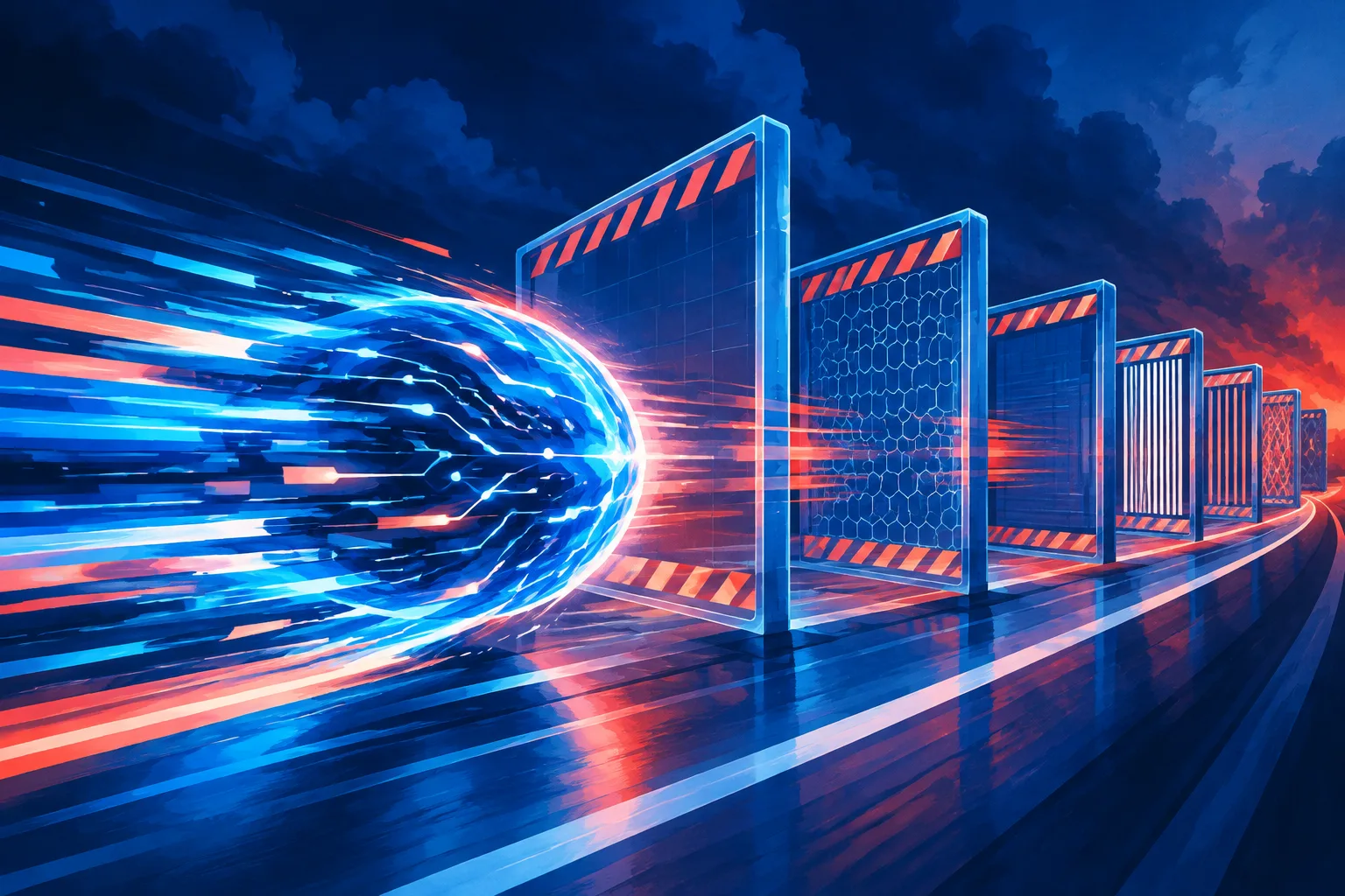 An abstract AI engine races toward safety gates that are still closing.