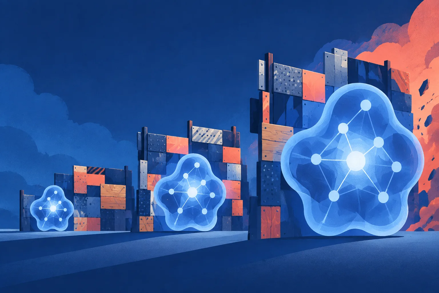 Abstract AI forms grow while anonymous workers add safeguards behind them.