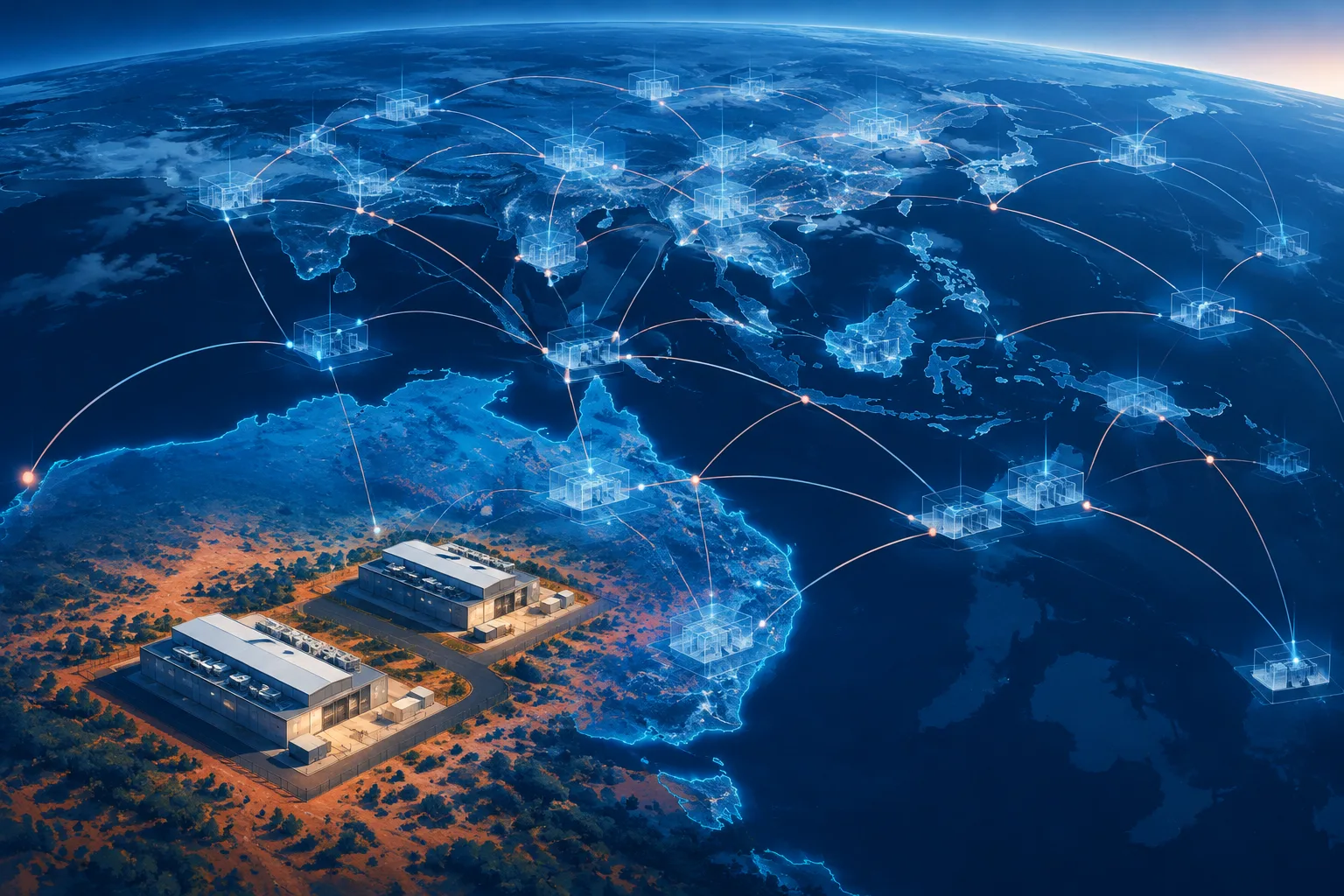Two operating data centers sit before a much larger translucent network of planned facilities.